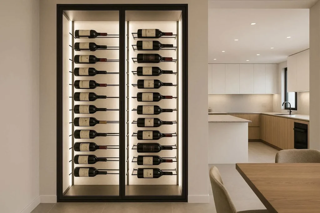 Glass-enclosed wine display built into a modern dining room wall with LED lighting and metal racks