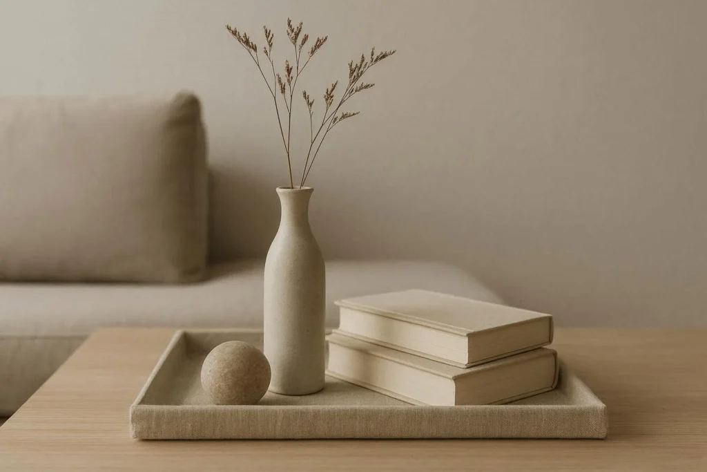 Coffee table arrangement showing the rule of three with a vase, stacked books and decorative sphere