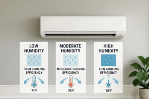 Infographic illustrating the relationship between indoor humidity levels and air conditioning cooling efficiency.