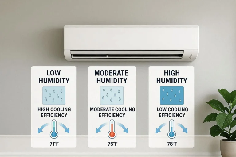 Infographic illustrating the relationship between indoor humidity levels and air conditioning cooling efficiency.