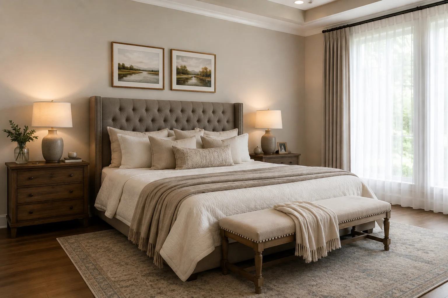 Master bedroom decor ideas with neutral bedding, statement headboard, and layered lighting