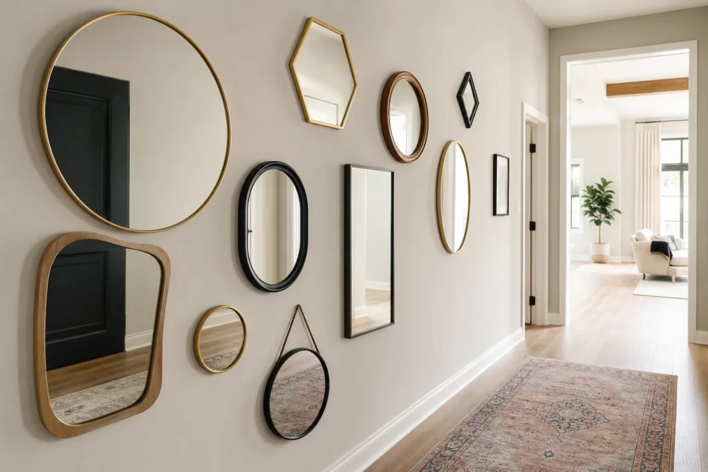 Mixed shape mirror gallery wall arrangement in a hallway with gold and black frames