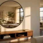 Round black frame mirror styled above a wooden console table in a bright living room