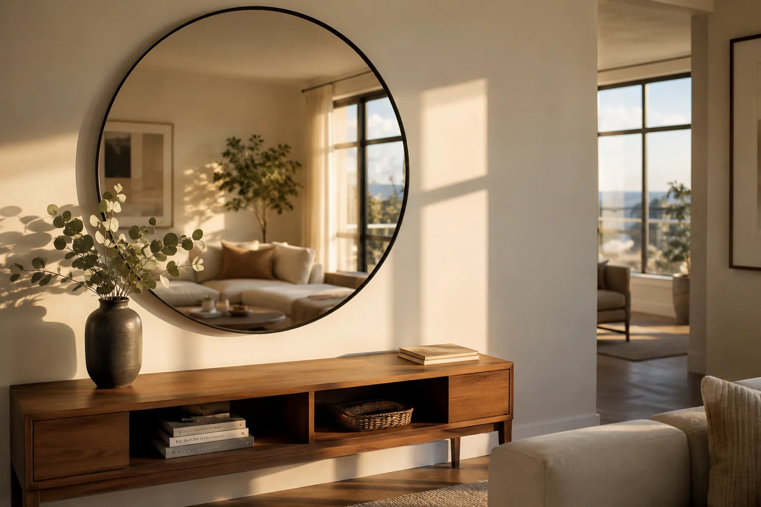 Round black frame mirror styled above a wooden console table in a bright living room