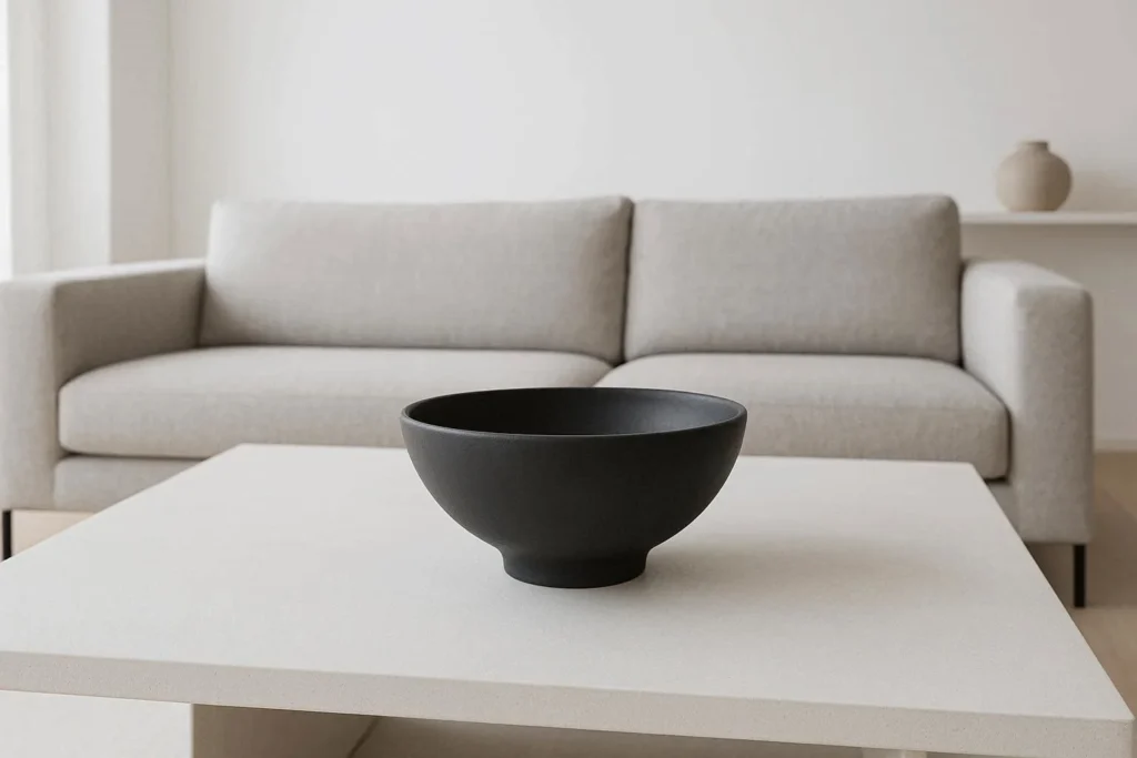 Single matte black ceramic bowl on a minimalist white coffee table in a modern living room