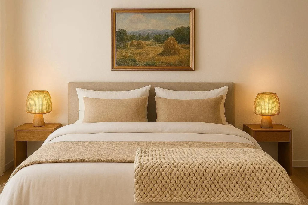 odern flat bedroom with layered neutral bedding, rattan lamps, and framed artwork above headboard