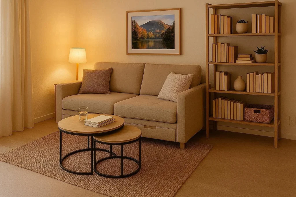 Multifunctional furniture ideas for a small flat living area with storage sofa and nesting tables