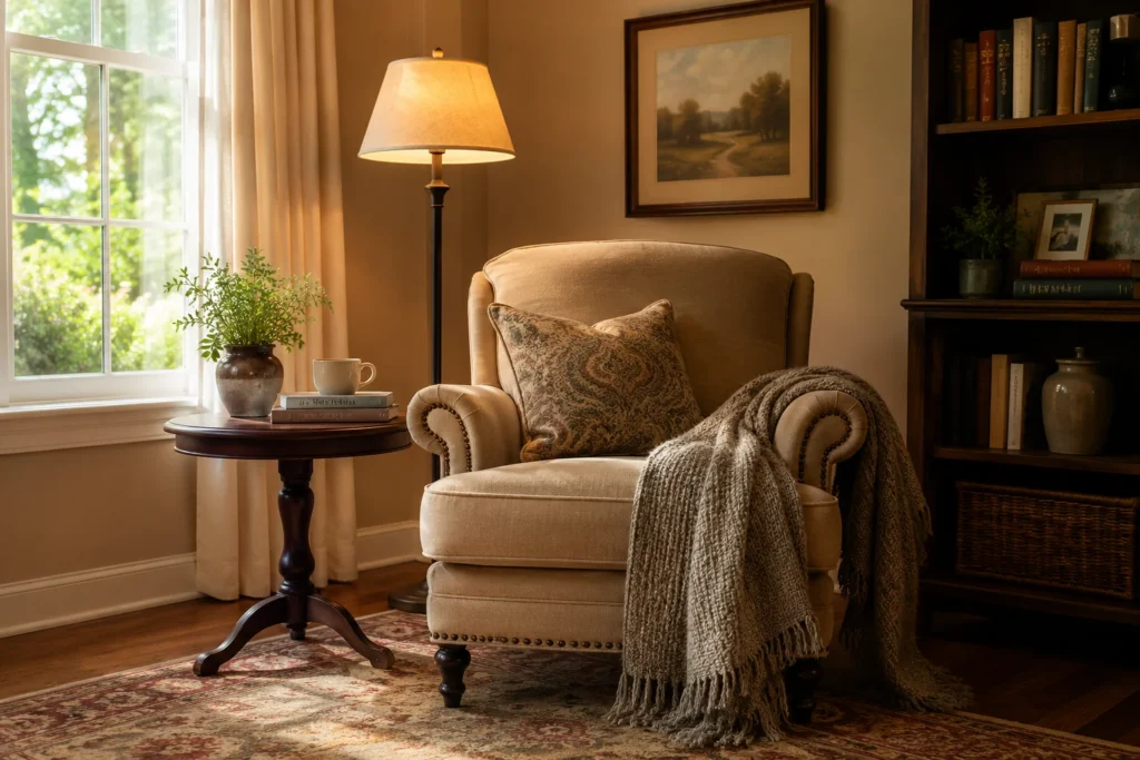 Reading corner with accent chair and floor lamp in living room