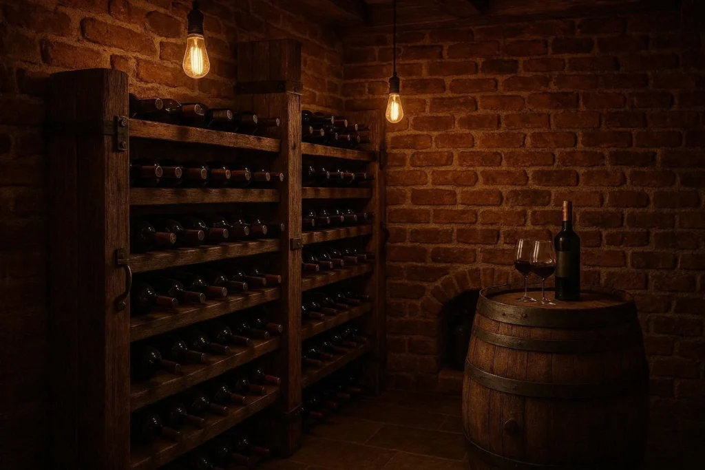 Rustic wine storage room with exposed brick walls, reclaimed wood racks, iron hardware, and warm Edison lighting