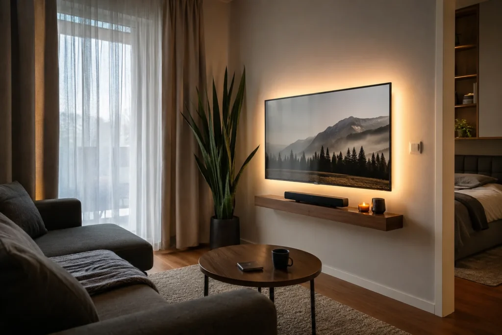 Small apartment TV wall decor idea with plant and LED backlighting