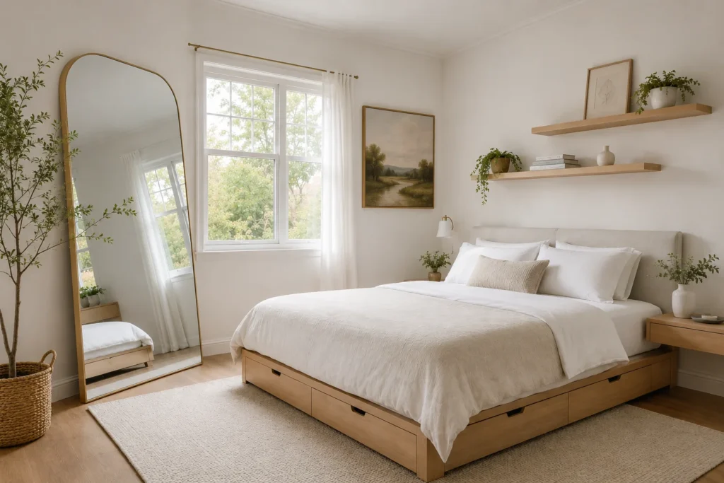 Small master bedroom decorated with mirrors and vertical storage for a spacious feel