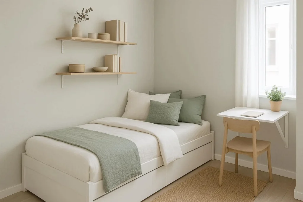 Small spare room decorating ideas with a daybed, fold-away desk, floating shelves, and minimalist decor