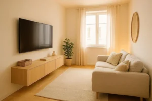 Small TV room decor ideas with wall-mounted TV, floating media console, and cozy neutral seating