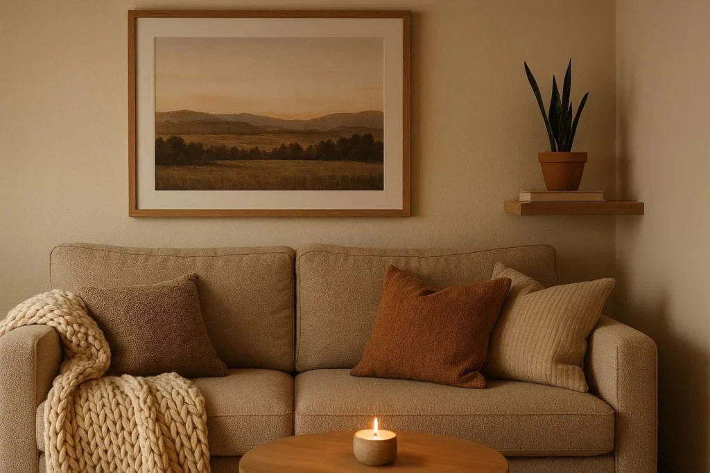 Cozy small TV room decor with wall art, textured cushions, throw blanket, and indoor plant