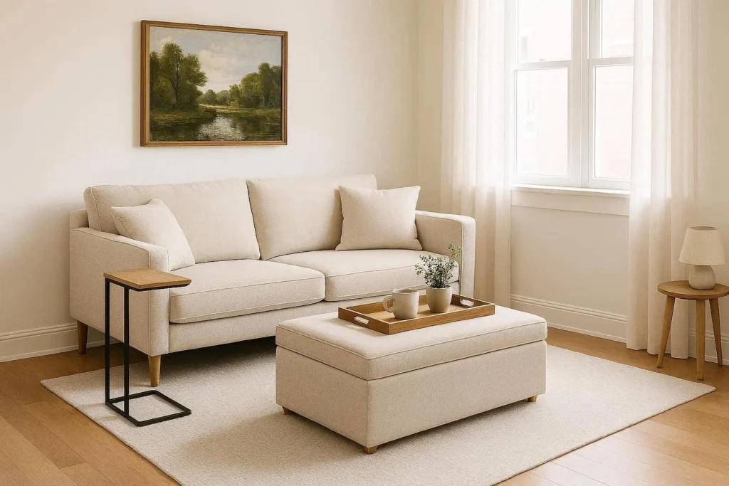 Small TV room furniture ideas with apartment-size sofa and storage ottoman
