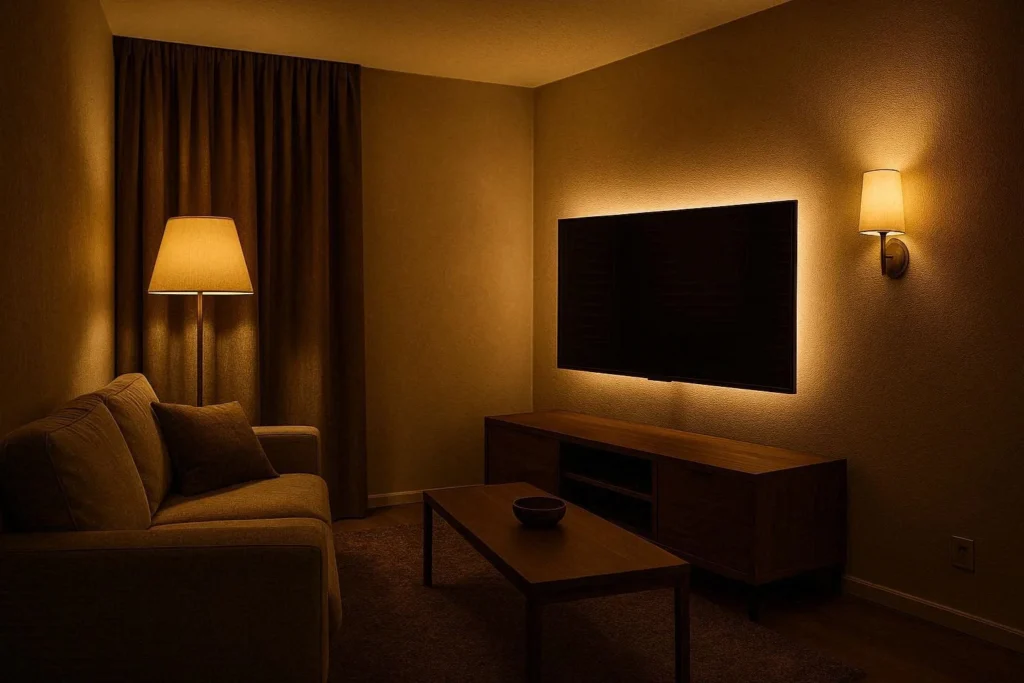 Layered lighting ideas for a small TV room with floor lamp, LED backlight, and wall sconce