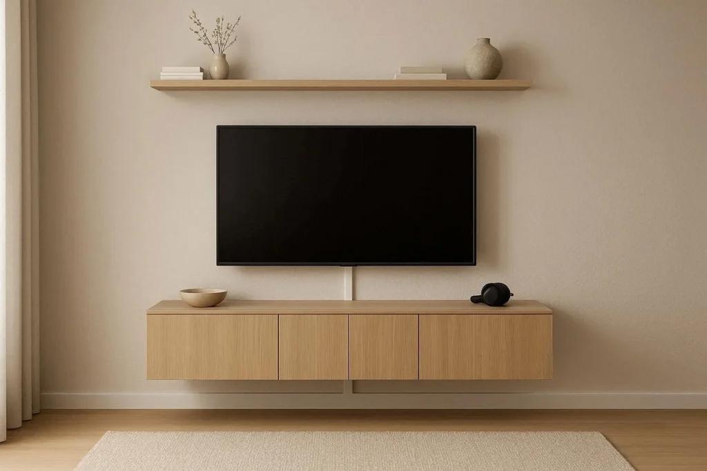 Small TV room storage ideas with floating media console and hidden cable management