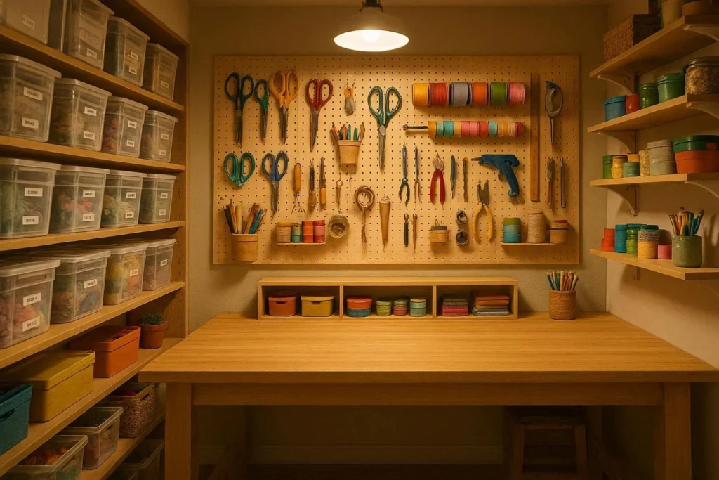 Spare room craft room with pegboard wall, organized storage bins, and a large worktable for hobbies