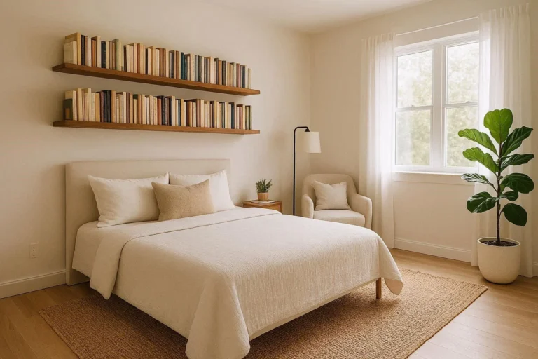 Spare room decor ideas featuring a cozy guest bedroom with bookshelves, armchair, and neutral tones