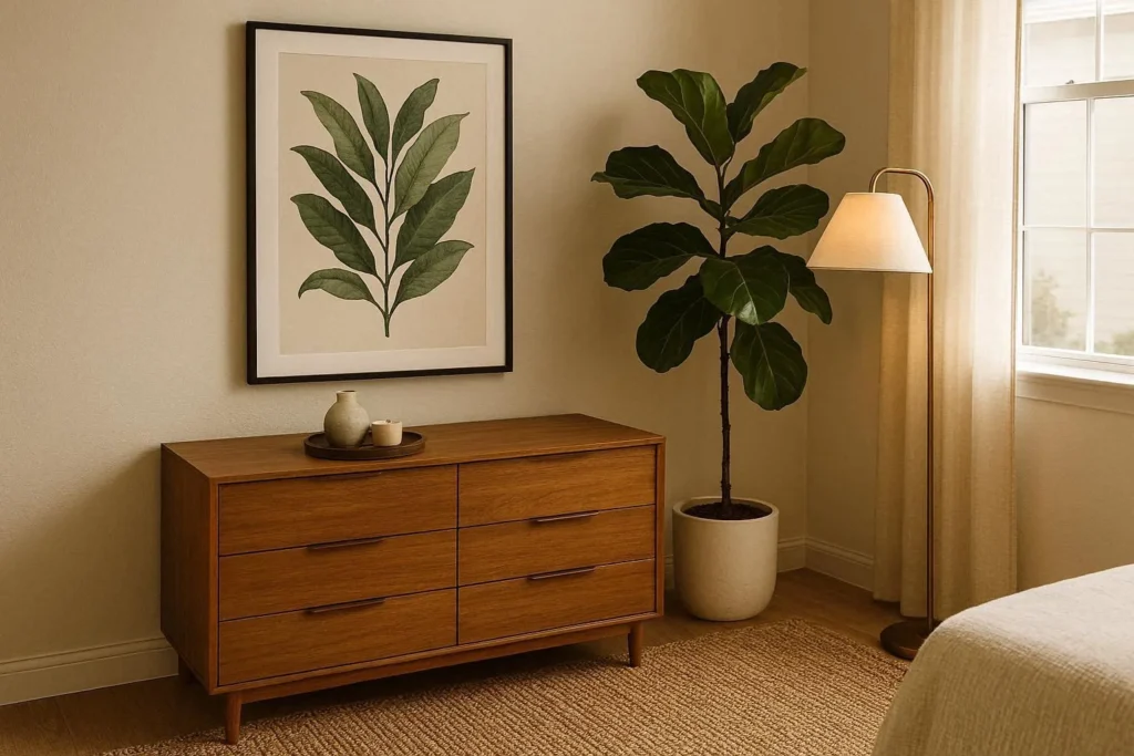 Spare room decorating touches including wall art, indoor plants, a floor lamp, area rug, and styled accessories