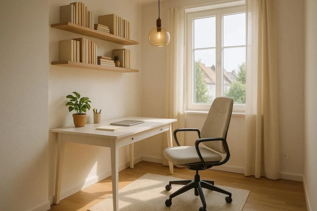 Spare room converted into a home office with a white desk, floating shelves, and natural window light
