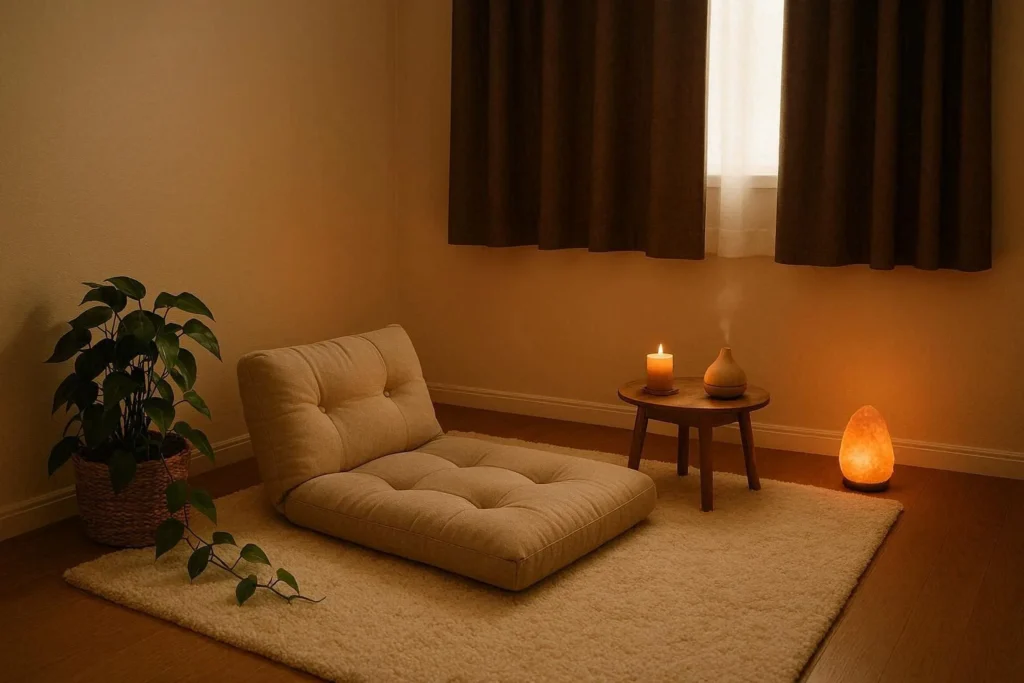 Spare room transformed into a calm meditation space with floor cushions, plants, and soft ambient lighting