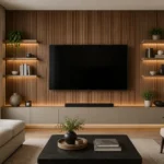 Modern living room TV wall decor idea with wood slat accent wall and floating shelves