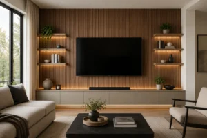 Modern living room TV wall decor idea with wood slat accent wall and floating shelves