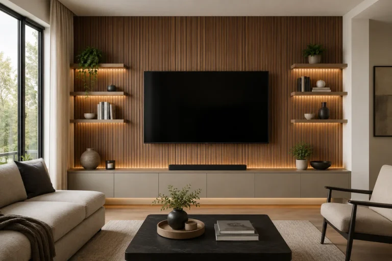 Modern living room TV wall decor idea with wood slat accent wall and floating shelves