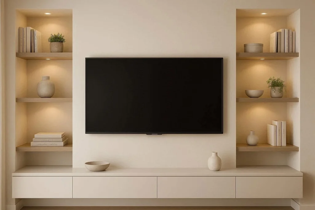 Small TV wall ideas with built-in floating shelves and minimalist styling