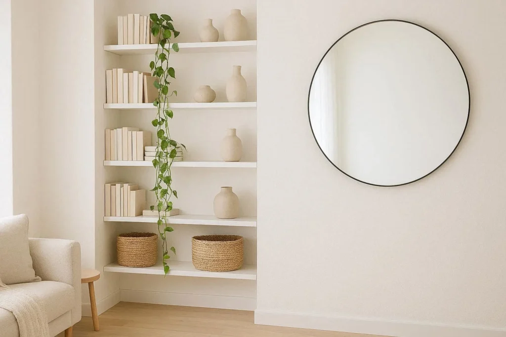 Vertical storage and floating shelves in a small flat interior with mirror and natural light