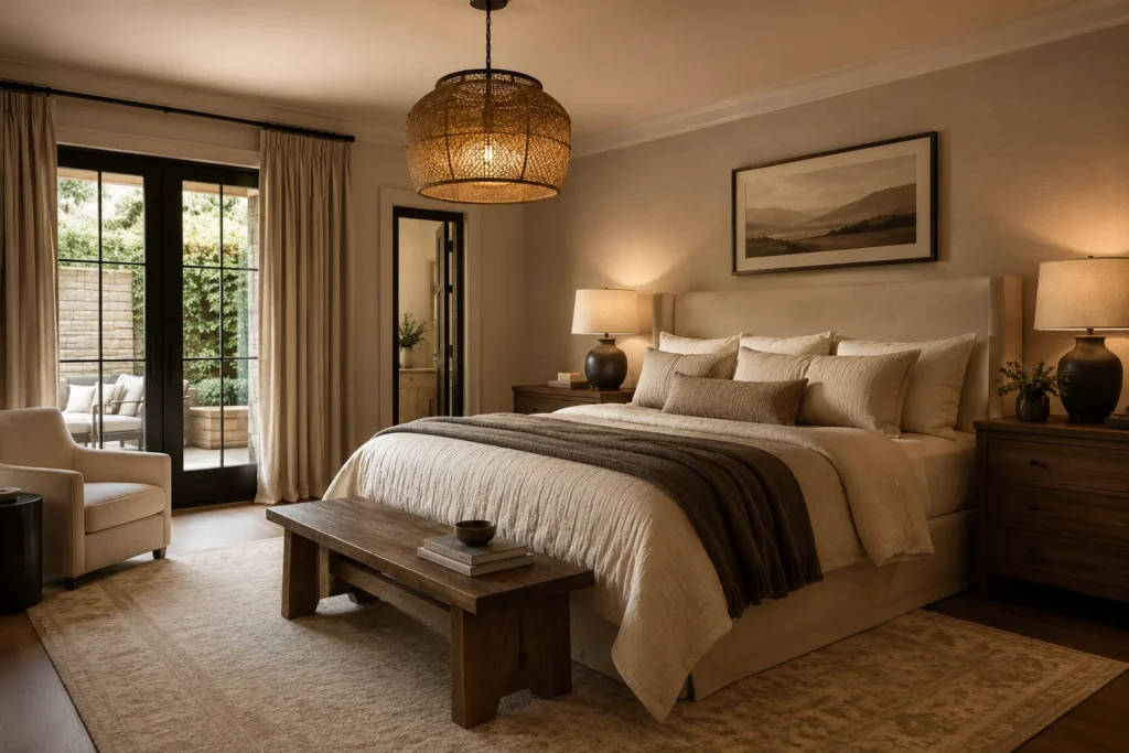 Warm beige master bedroom color palette with layered textures and lighting