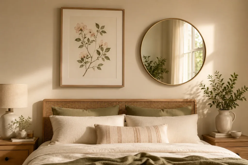 Bedroom wall decor above the bed with framed art and a round mirror