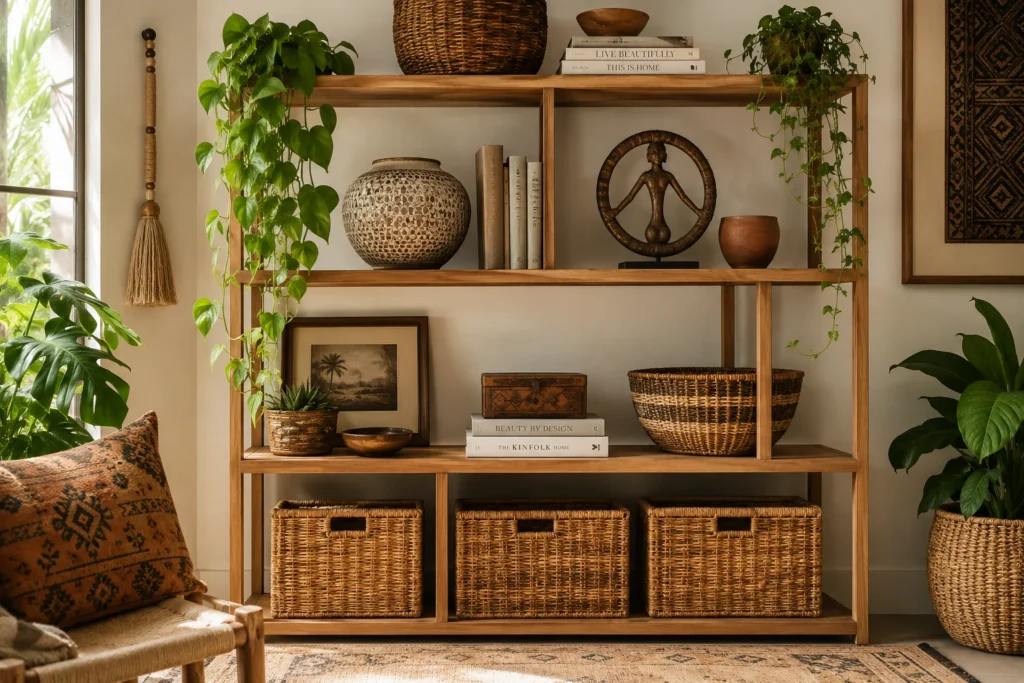 Boho open shelving styled with woven baskets plants and ceramics