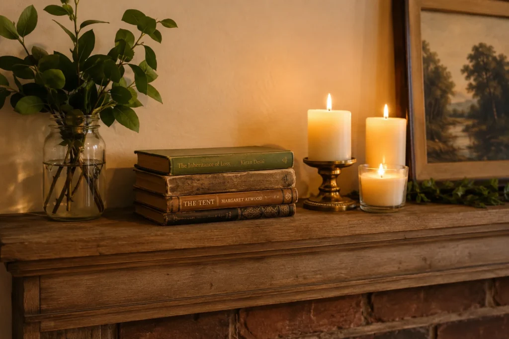 Budget friendly reclaimed wood mantel styled with candles, books, and greenery