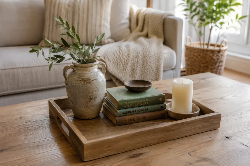 Budget friendly minimalist home decor styled on a coffee table