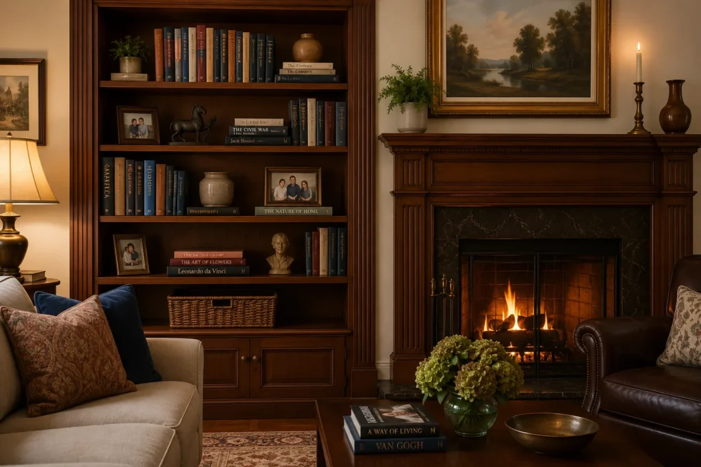 Built in bookshelf decorated with books photos and decorative objects