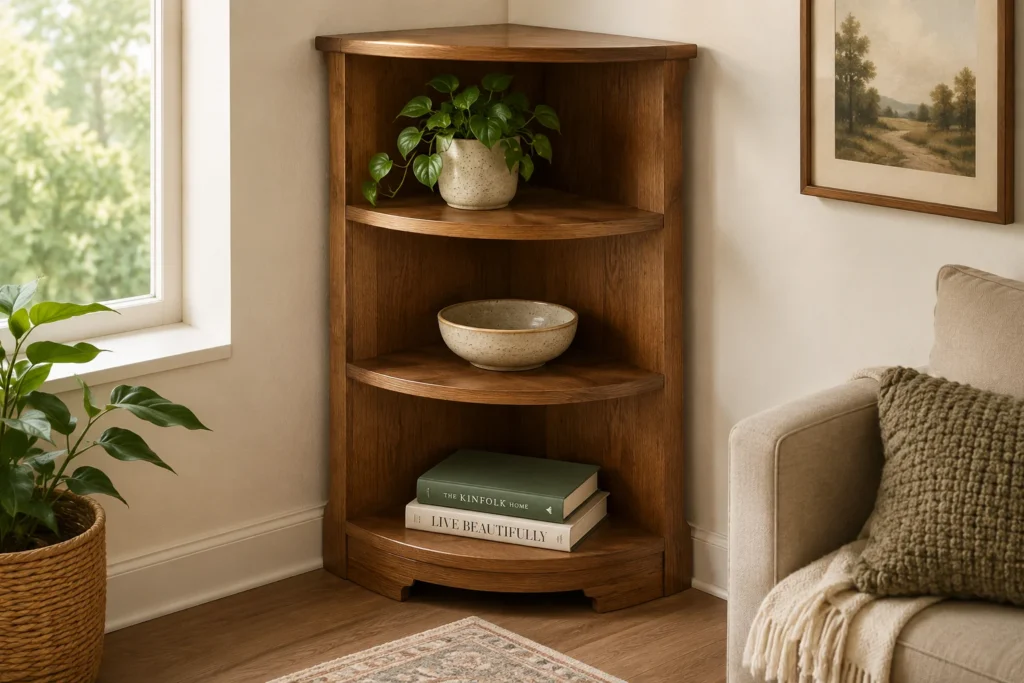 Corner shelf decorated with plant bowl and books in a living room