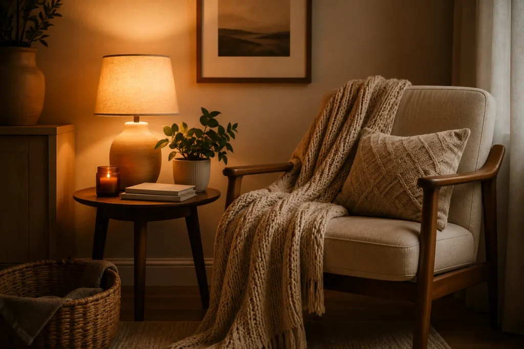 Cozy minimalist decor with textured throw blanket and warm lighting