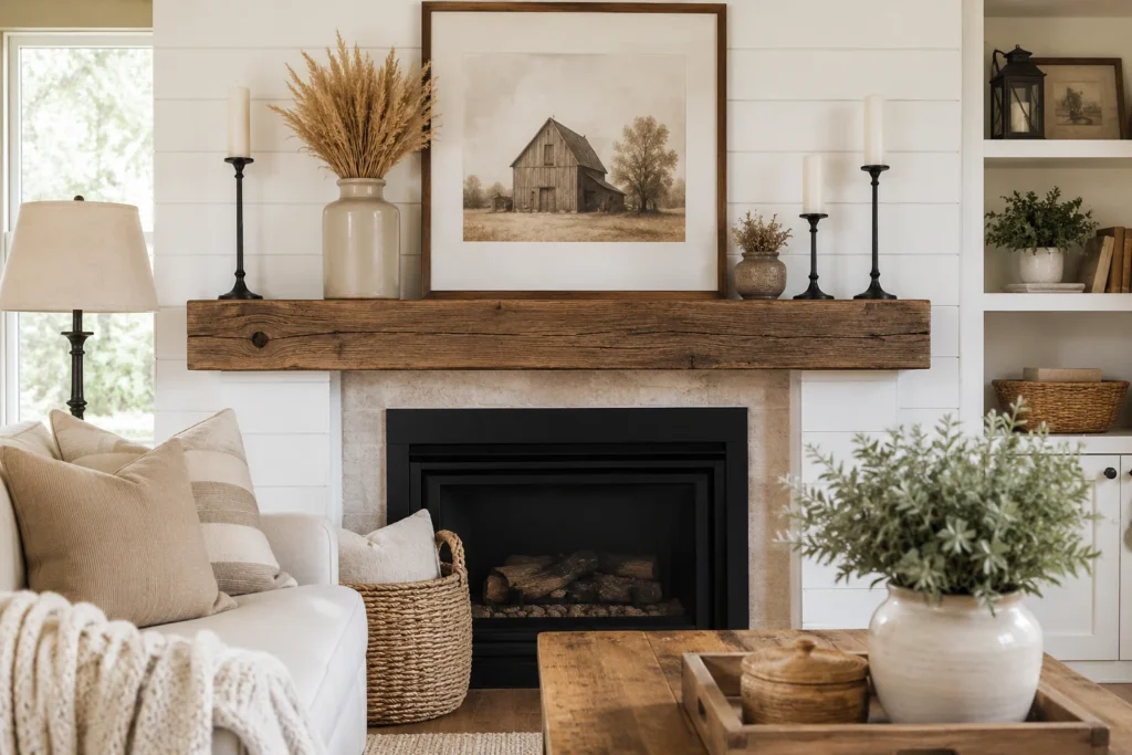 Farmhouse fireplace mantel decor with reclaimed wood shelf and neutral accents