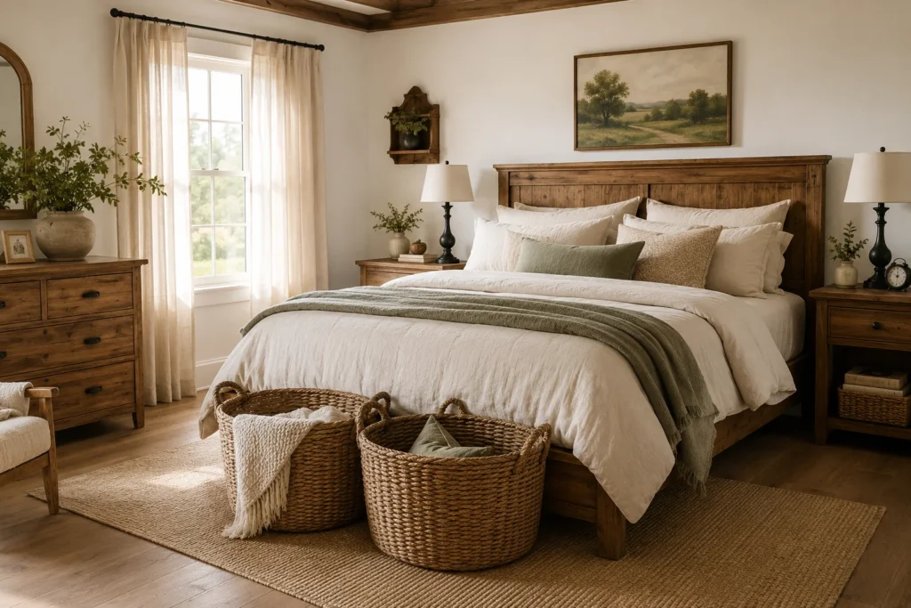 Farmhouse style bedroom with natural wood furniture and warm cozy decor