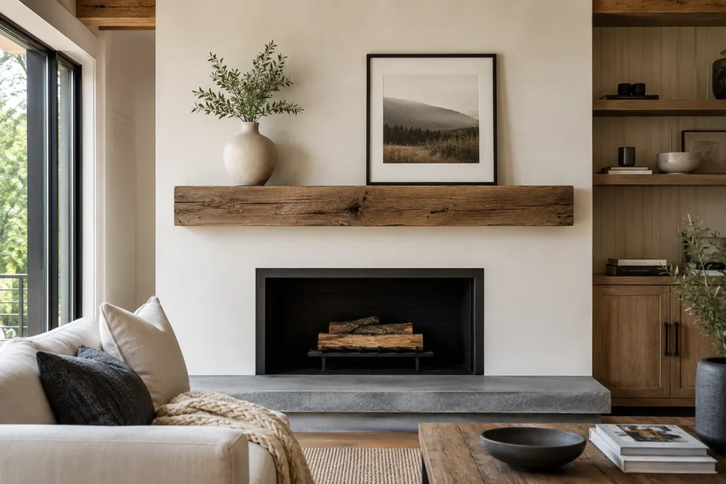 Floating reclaimed wood mantel in a modern rustic living room