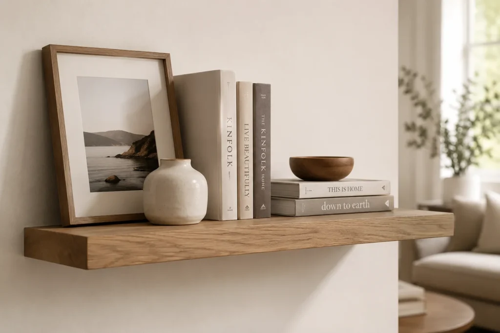 Floating shelf styled with books vase and framed photo in a living room