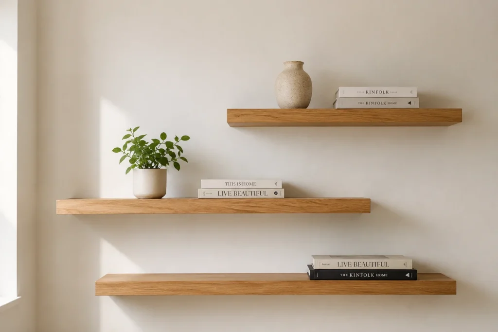 Floating shelves styled with minimal decor items in a modern home