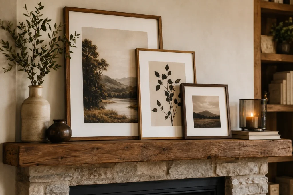Layered framed artwork styled on a reclaimed wood fireplace mantel