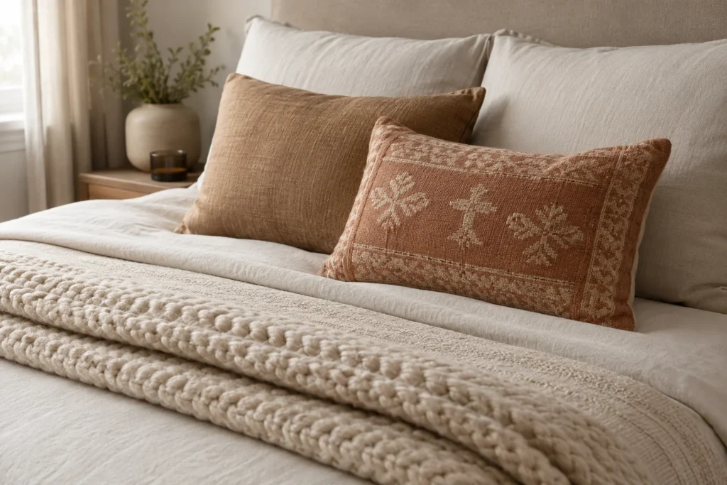 Layered neutral bedding with a chunky knit throw for a cozy bedroom look