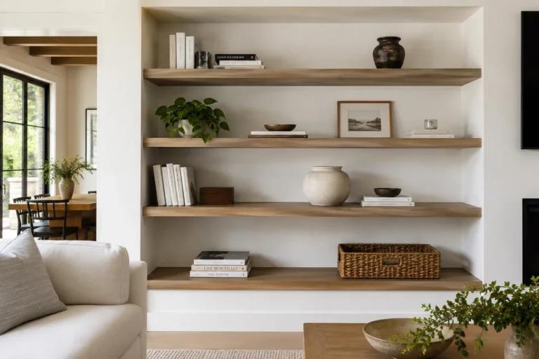 Living room shelf ideas with styled floating shelves featuring books plants and decor