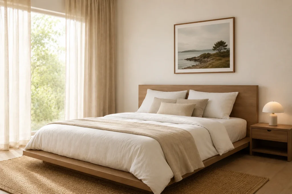 Minimalist bedroom with clean neutral bedding and simple nightstand