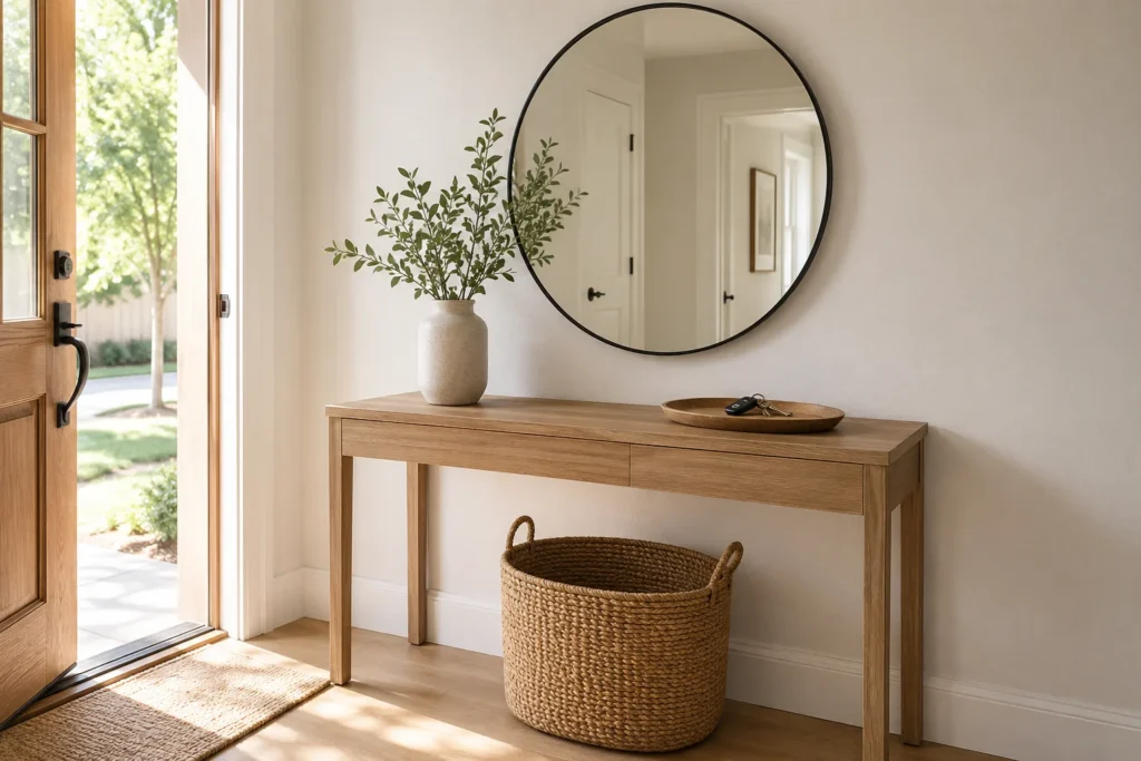 Minimalist entryway styled with mirror, console table, and woven basket