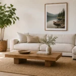 Minimalist living room with neutral sofa, wooden coffee table, and simple decor